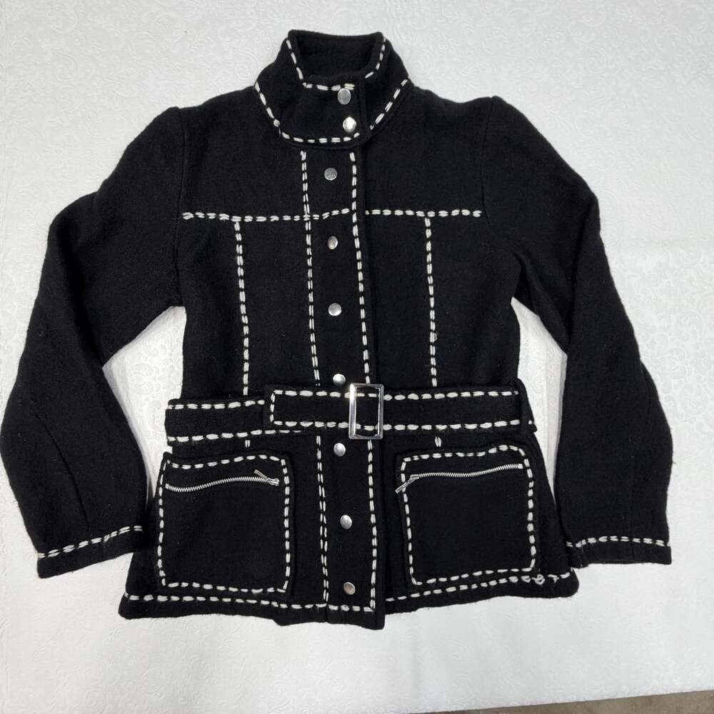 Herman Geist Womens S Black 100% Wool Mid-Length Belted Jacket with Pockets